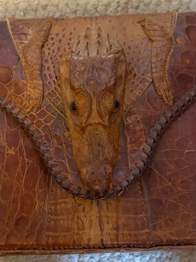 Furla Brown Crocodile-Embossed Leather Clutch with Crocodile Head Detail-